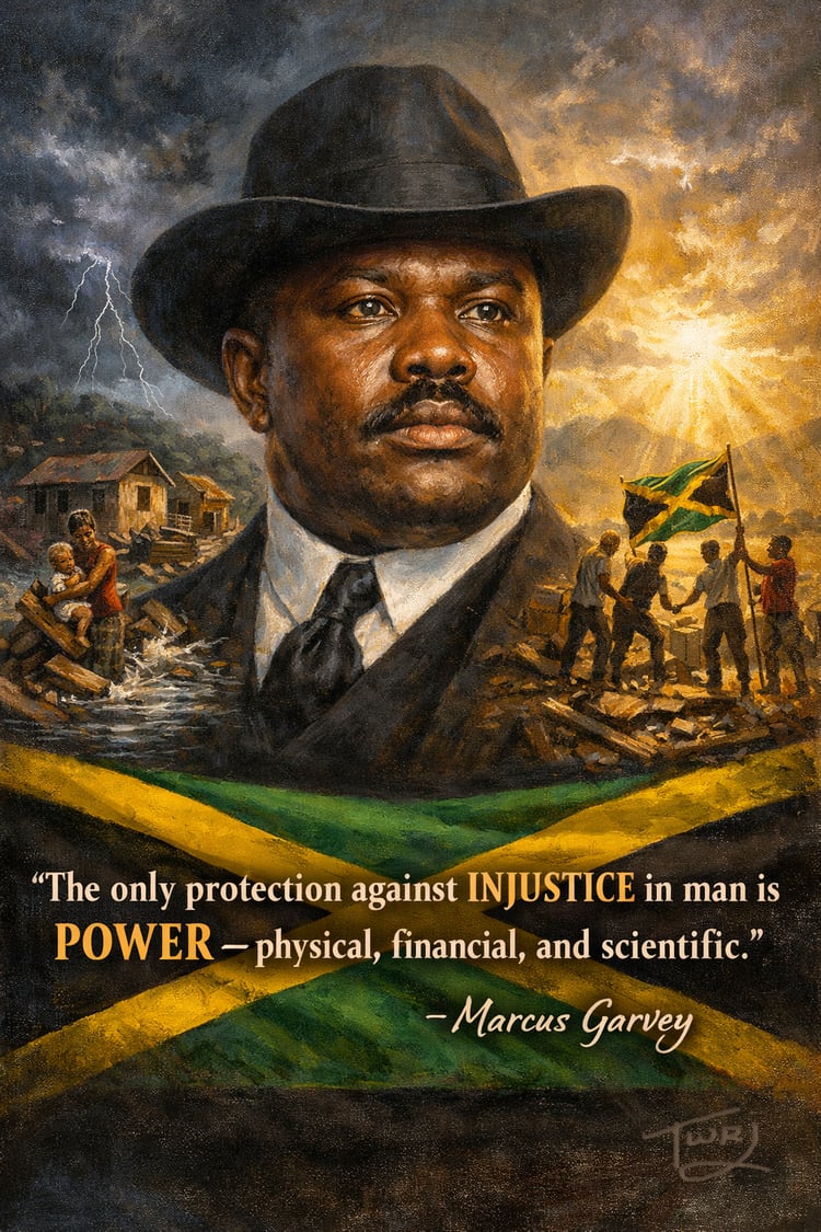 Printable digital artwork of Marcus Garvey inspired by Jamaican history, empowerment, and resilience