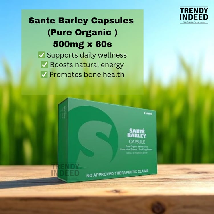 60 capsules of Santé Barley vegetable supplement made from New Zealand organic barley grass, 500mg.