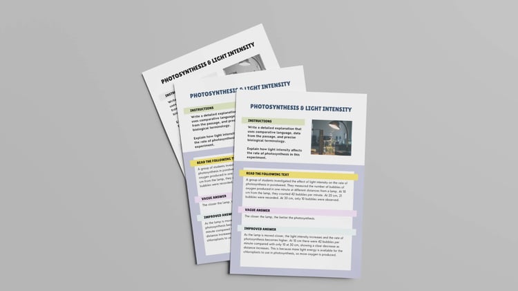 GCSE Biology answer improvement worksheets showing photosynthesis vague answer with space for improved response