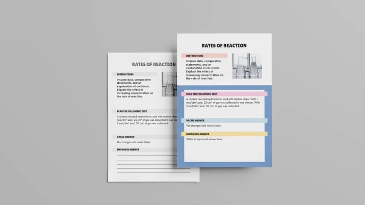 GCSE Chemistry answer improvement worksheets showing gas tests vague answer with improvement space