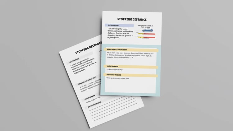 GCSE Physics answer improvement worksheets showing distance-time graph vague answer with improvement space