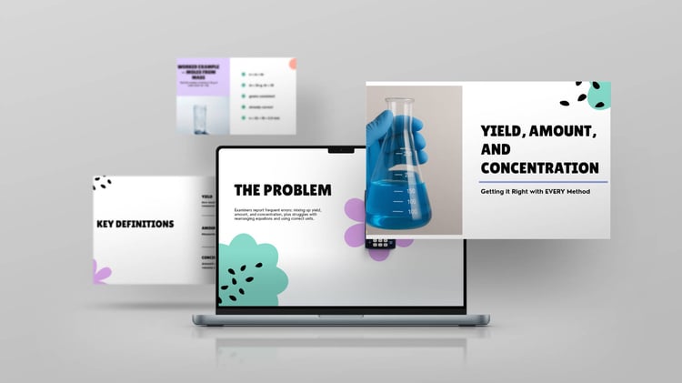 Teaching slides showing percentage yield calculation with step-by-step method