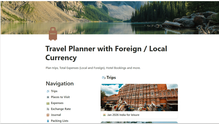 Notion travel planner template with automated currency exchange, itinerary checklist, and travel essentials, representing organized trip planning and budgeting for international travel."