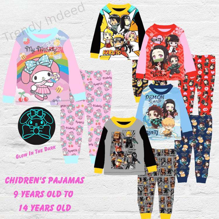Anime- and gaming-inspired cotton pajamas suitable for kids aged 9–14 years.