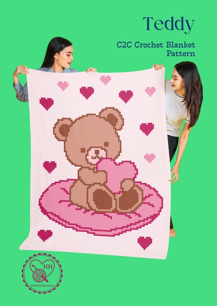Teddy bear C2C crochet blanket pattern cover with heart design on white background