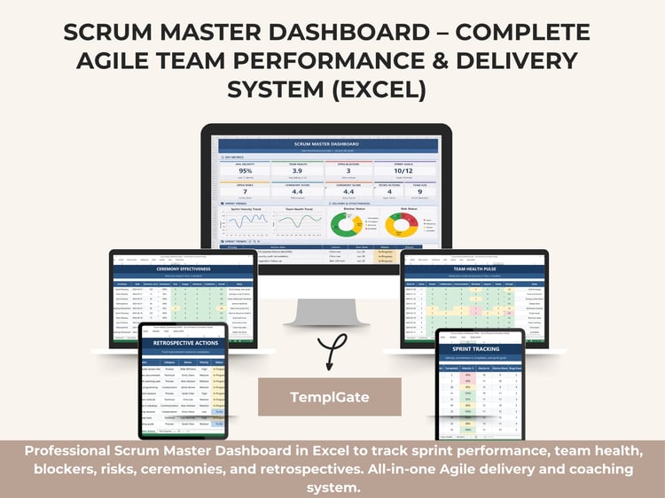 Scrum Master Dashboard Excel showing sprint velocity, team health, blockers, risks, ceremony scores, and delivery performance KPIs