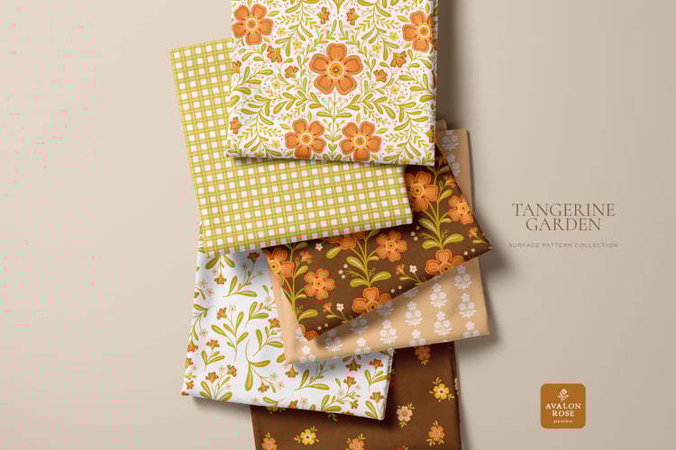 orange brown and green floral patterns on fabric swatches