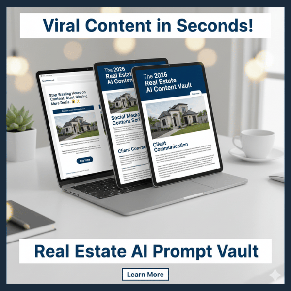 Professional 3D mockup showing the Real Estate AI Content Vault on a laptop and tablet, featuring social media scripts and real estate marketing prompts."