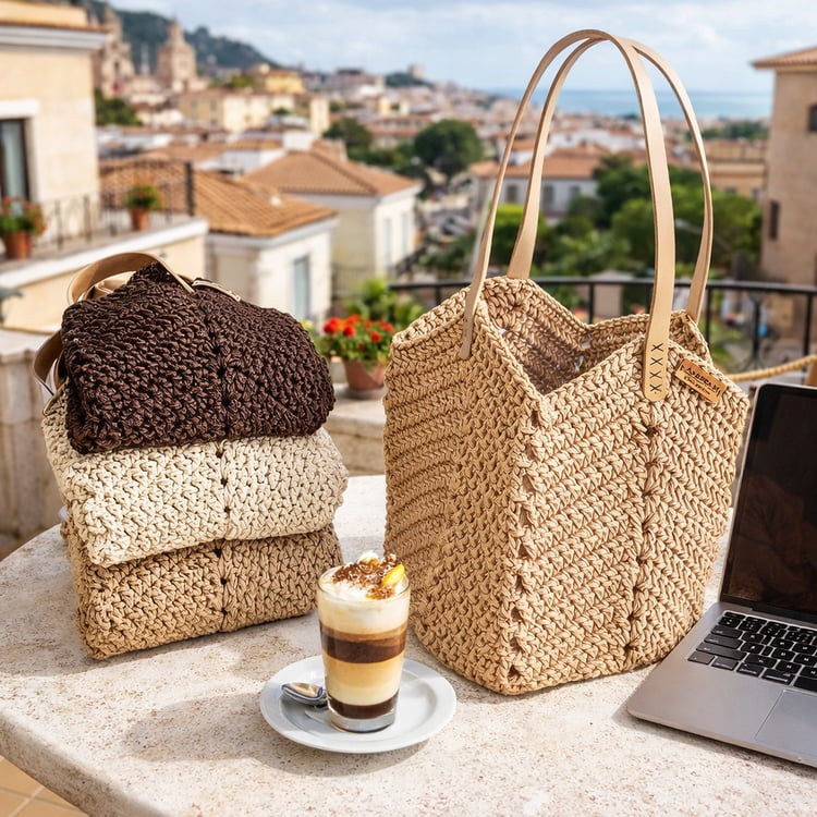 Handmade brown crochet tote bag displayed outdoors, textured summer handbag design