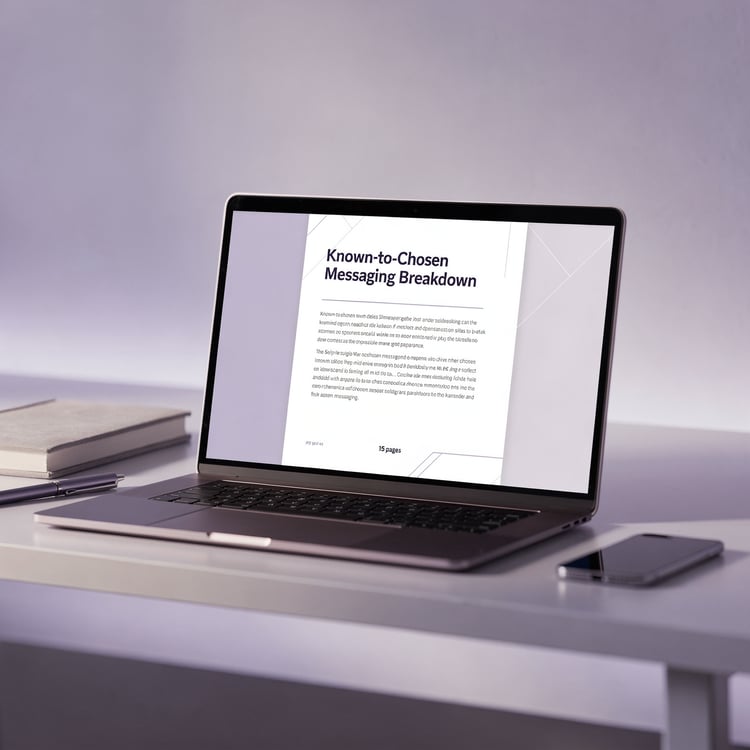 laptop on table with a document on the screen with the title "know-to-chosen" messaging breakdown. content marketing