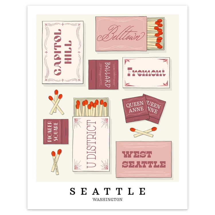 Limited-edition Seattle neighborhood matchbox art print featuring hand-drawn typography in soft pink and red tones.