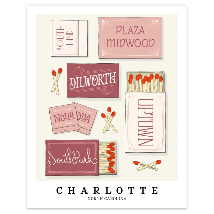 Hand-drawn Charlotte matchbox wall art featuring custom lettering in soft pink, rose and white tones