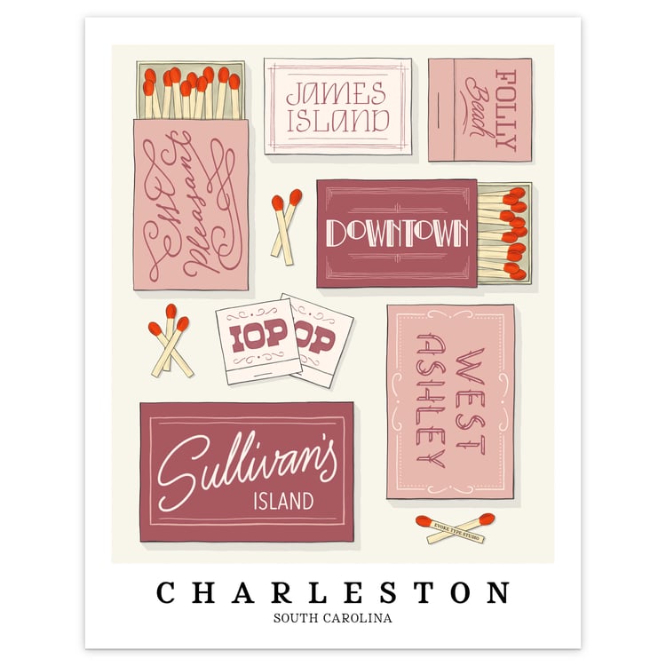 Charleston matchbox art print with hand-lettered typography in a color palette of soft pink, rose and white tones