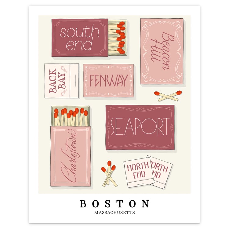 Hand-drawn Boston matchbox wall art featuring custom lettering in soft pink, rose and white tones