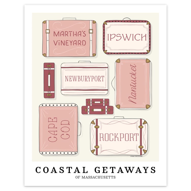 Coastal Massachusetts travel wall art showing hand-drawn suitcase illustrations in a color palette of soft pink, rose and white tones