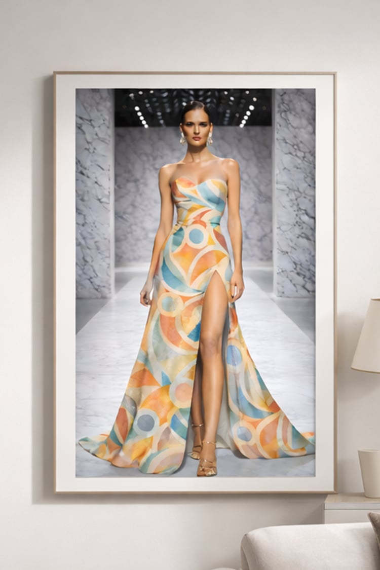 luxury fashion, couture gown, runway dress, abstract print, fashion inspiration, editorial fashion, designer aesthetic, modern elegance, evening gown, fashion art