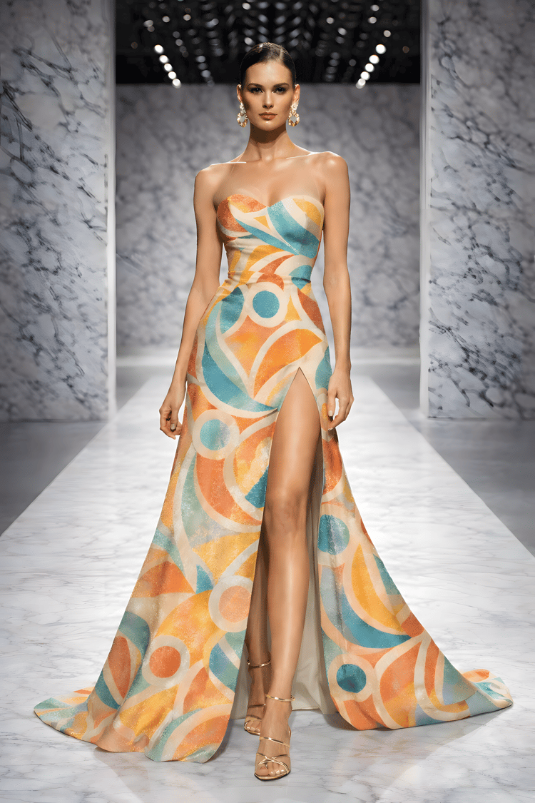 luxury fashion, couture gown, runway dress, abstract print, fashion inspiration, editorial fashion, designer aesthetic, modern elegance, evening gown, fashion art