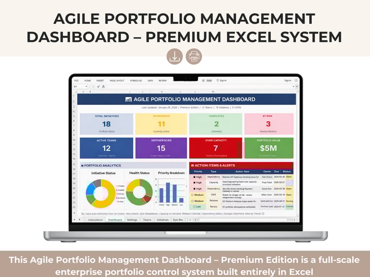 Agile Portfolio Management Dashboard in Excel with OKRs, capacity planning, dependencies, roadmap, and value tracking