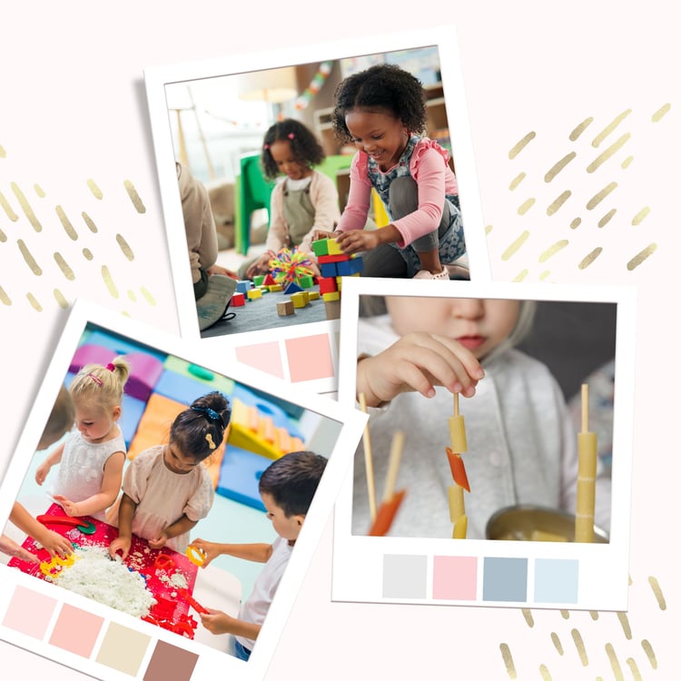 Collage of toddler fine motor skills activities including building blocks, threading, and group play for bilateral coordination development.