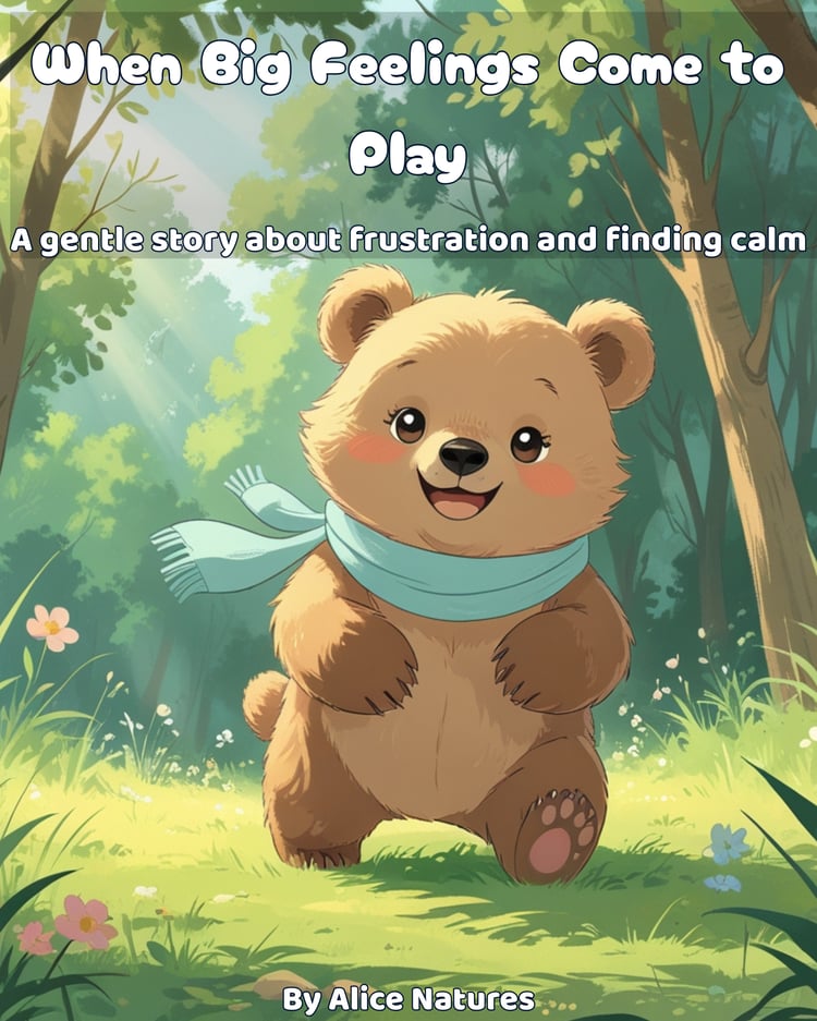 A gentle illustrated children’s book cover showing a smiling bear cub in a forest, representing emotional regulation and calming big feelings through play.