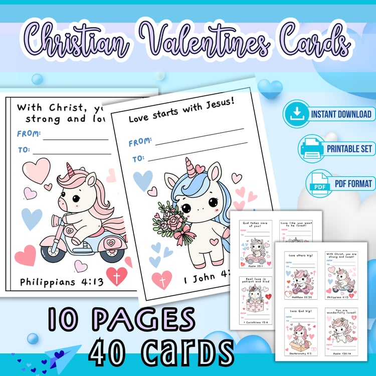 Christian Unicorn Valentine Cards for Kids – Printable Bible Verse Valentines