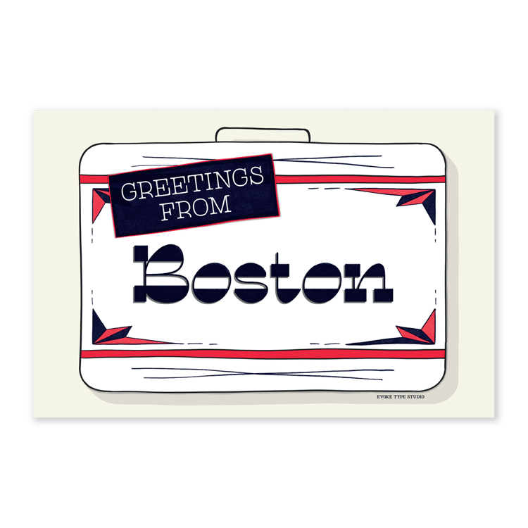 A postcard of a vintage style suitcase with the words “Greetings from Boston” drawn in unique lettering styles. Artwork has a red, white and blue color scheme