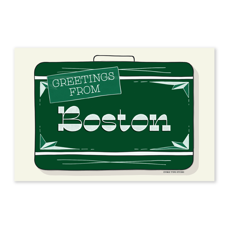 A postcard of a vintage style suitcase with the words “Greetings from Boston” drawn in unique lettering styles. Artwork has a green and white color scheme