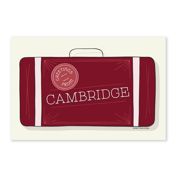 A postcard of a vintage style suitcase with the words “Greetings from Cambridge” drawn in unique lettering styles. Artwork has a red and white color scheme