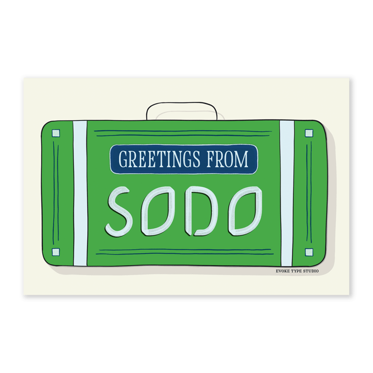 A postcard of a vintage style suitcase with the words “Greetings from SoDo” drawn in unique lettering styles. Artwork has a bright green and blue color scheme