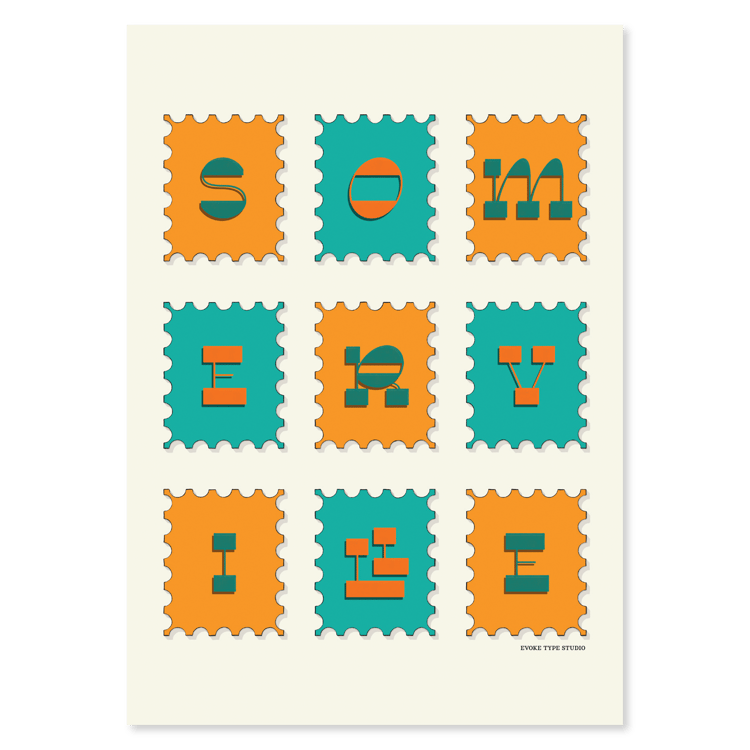 A notecard of postage stamps featuring Somerville, Massachusetts drawn in a unique lettering style, artwork has a bright blue and orange color scheme