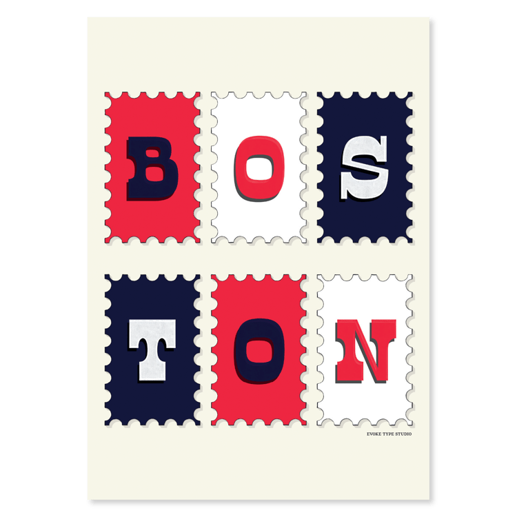 A notecard of postage stamps featuring Boston, Massachusetts drawn in a unique lettering style, artwork has a patriotic color scheme of red, white and blue
