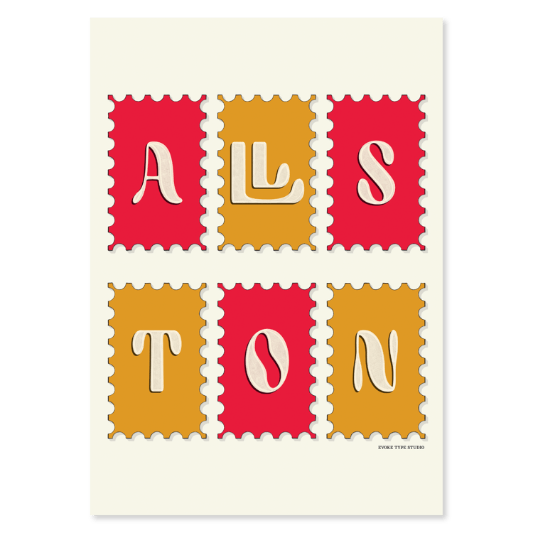 A notecard of postage stamps featuring the Allston neighborhood drawn in a unique lettering style, artwork has a red and gold color scheme.