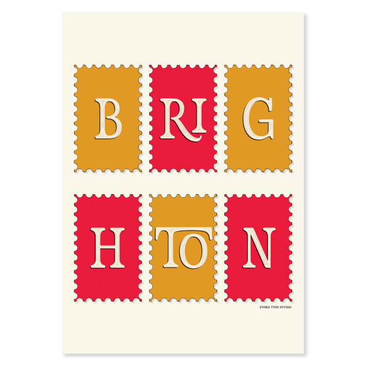 A notecard of postage stamps featuring the Brighton neighborhood drawn in a unique lettering style, artwork has a red and gold color scheme.