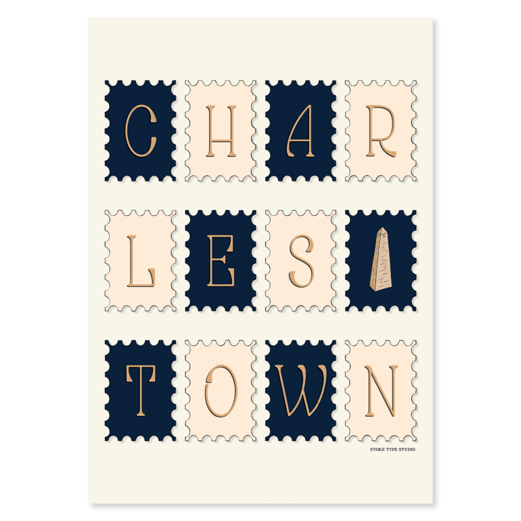 A notecard of postage stamps featuring the Charlestown neighborhood in Boston, Massachusetts drawn in a unique lettering style, artwork has a navy blue, beige and tan color scheme