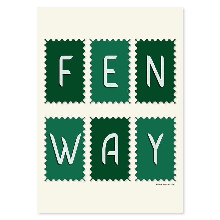 A notecard of postage stamps featuring the Fenway neighborhood in Boston, Massachusetts drawn in a unique lettering style, artwork has a green and white color scheme