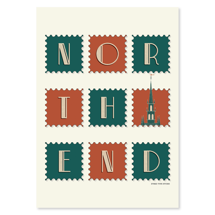A notecard of postage stamps featuring the North End neighborhood in Boston, Massachusetts drawn in a unique lettering style, artwork has a green, orange and tan color scheme