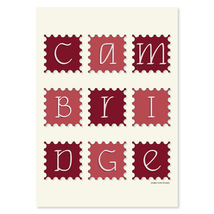 A notecard of postage stamps featuring Cambridge, Massachusetts drawn in a unique lettering style, artwork has a red and white color scheme