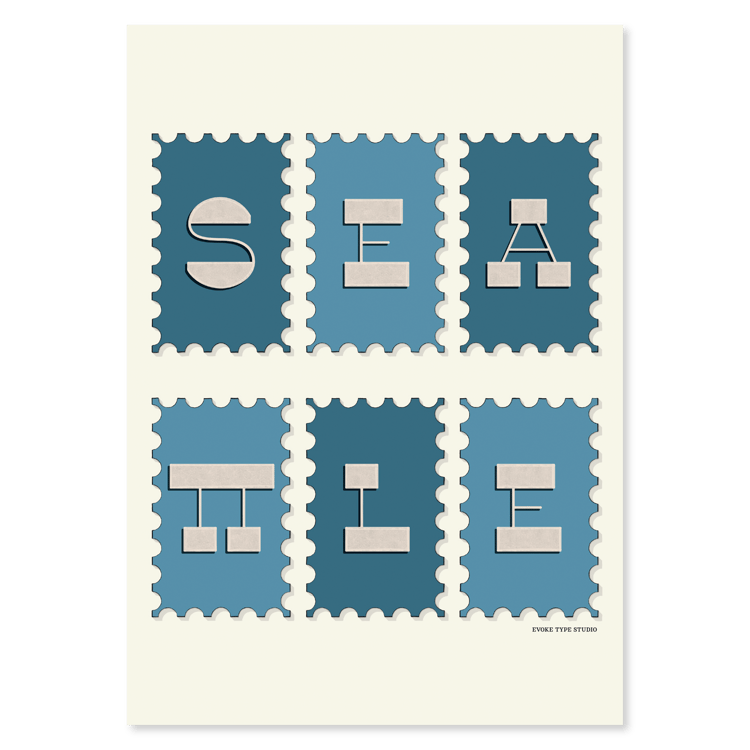 A notecard of postage stamps featuring Seattle, Washington drawn in a unique lettering style, artwork has a blue and beige color scheme