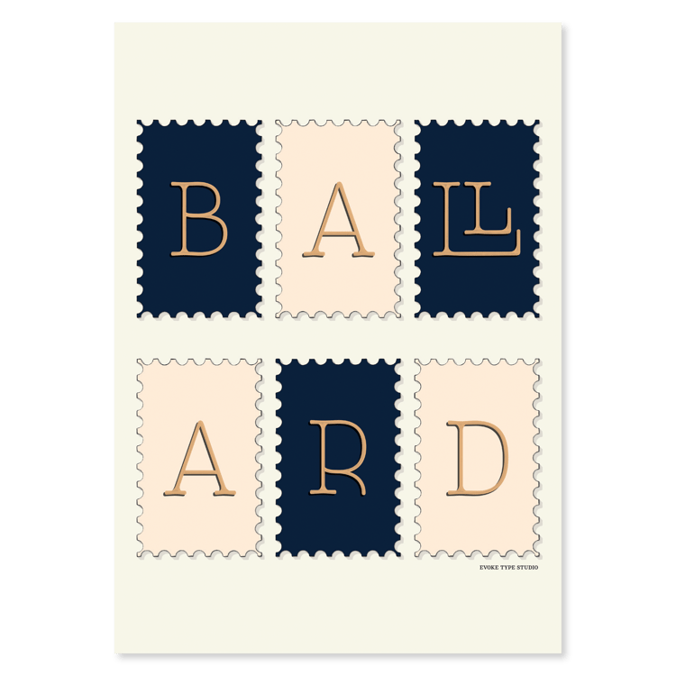 A notecard of postage stamps featuring the Ballard neighborhood in Seattle, Washington drawn in a unique lettering style, artwork has a navy blue, beige and tan color scheme
