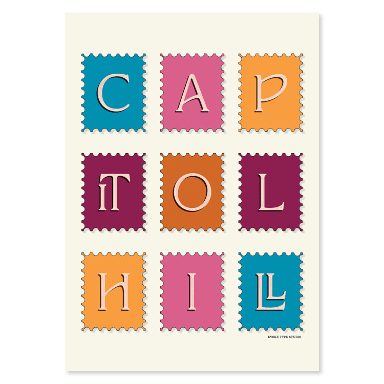 A notecard of postage stamps featuring the Capitol Hill neighborhood in Seattle, Washington drawn in a unique lettering style, artwork has a blue, pink, orange and purple color scheme