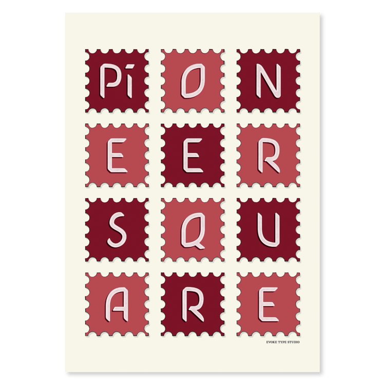 A notecard of postage stamps featuring the Pioneer Square neighborhood in Seattle, Washington drawn in a unique lettering style, artwork has a red and white color scheme
