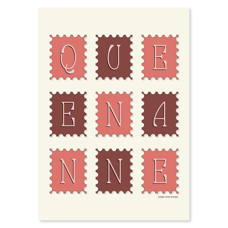 A notecard of postage stamps featuring the Queen Anne neighborhood in Seattle, Washington drawn in a unique lettering style, artwork has a pink and burgundy color scheme