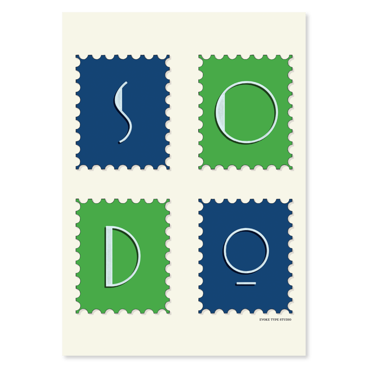 A notecard of postage stamps featuring the SoDo neighborhood in Seattle, Washington drawn in a unique lettering style, artwork has a bright green and blue color scheme