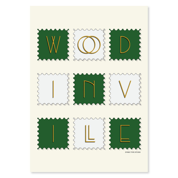 A notecard of postage stamps featuring Woodinville, Washington drawn in a unique lettering style, artwork has a green, white and yellow color scheme