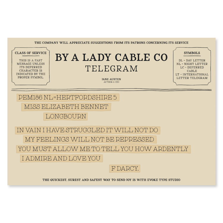 Literary notecard featuring Mr. Darcy’s love confession from Pride and Prejudice, designed as a vintage telegram in soft beige tones