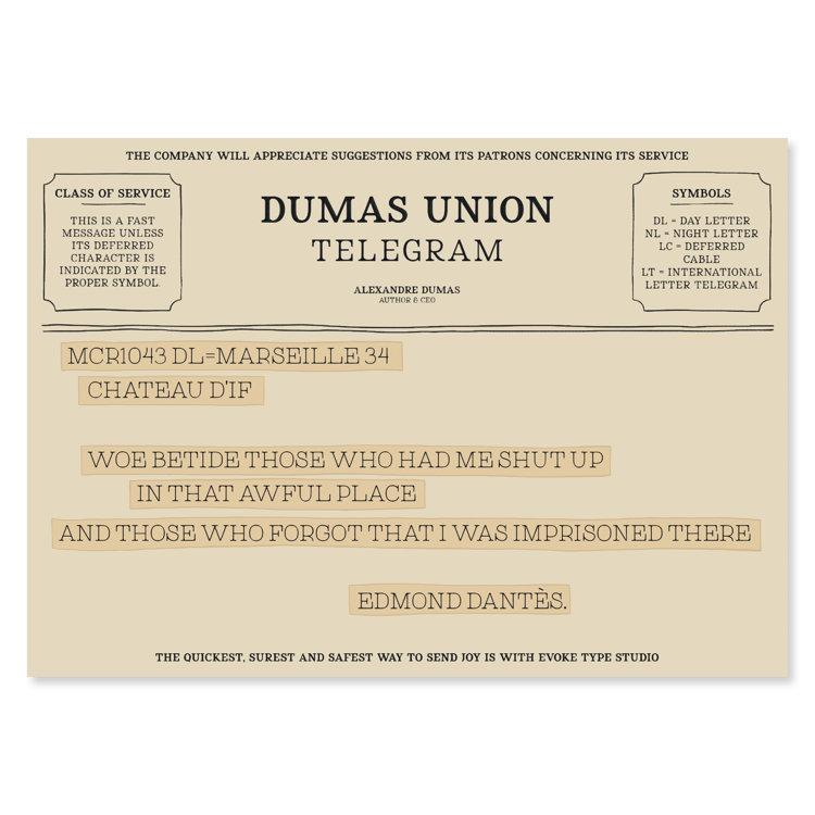 Edmond Dantès quote telegram notecard inspired by The Count of Monte Cristo by Alexandre Dumas