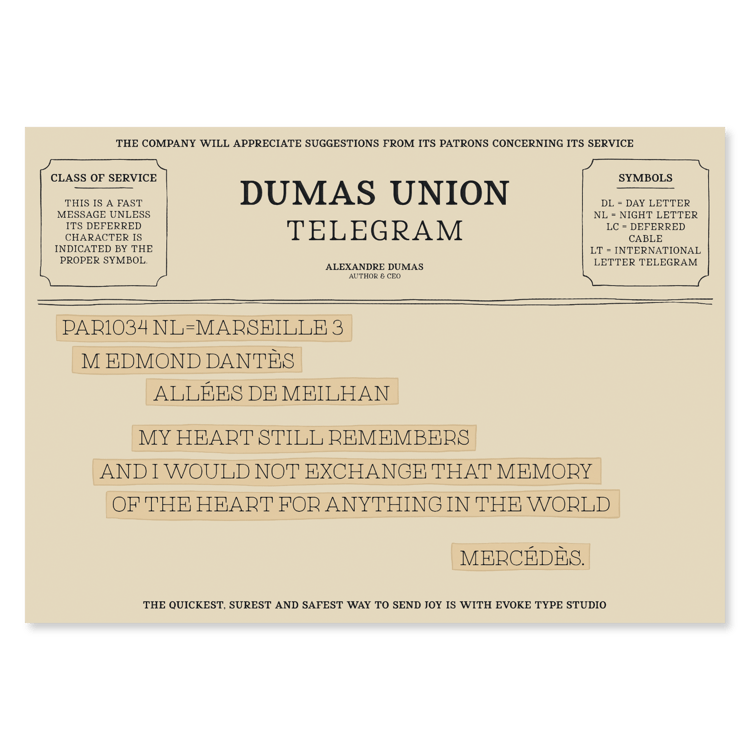Mercedes de Morcerf quote telegram notecard inspired by The Count of Monte Cristo by Alexandre Dumas
