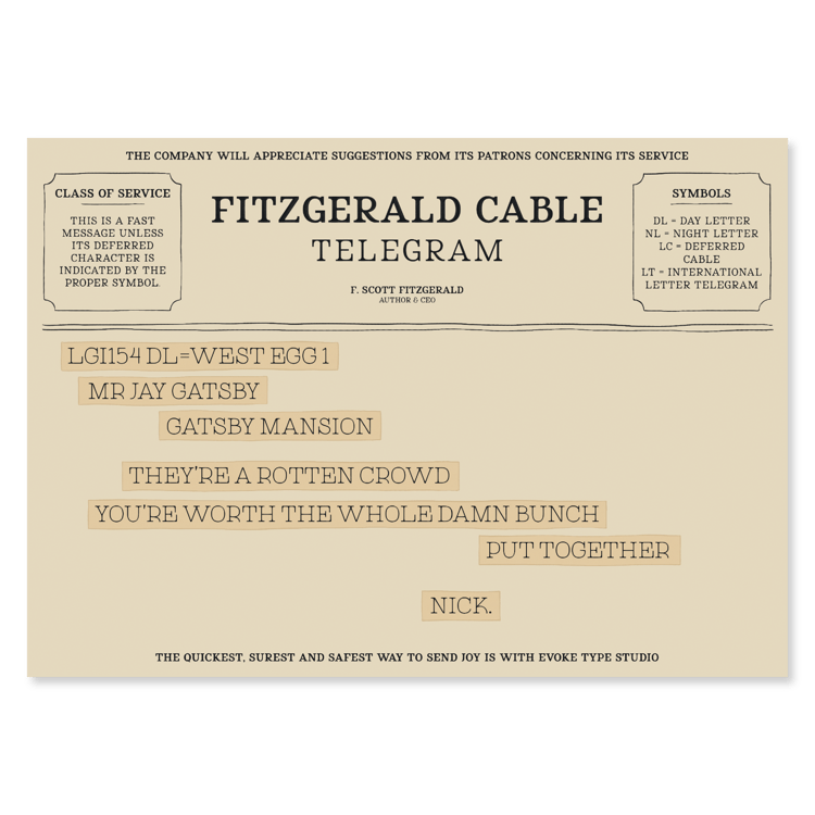 Nick Carraway quote telegram notecard inspired by The Great Gatsby by F. Scott Fitzgerald
