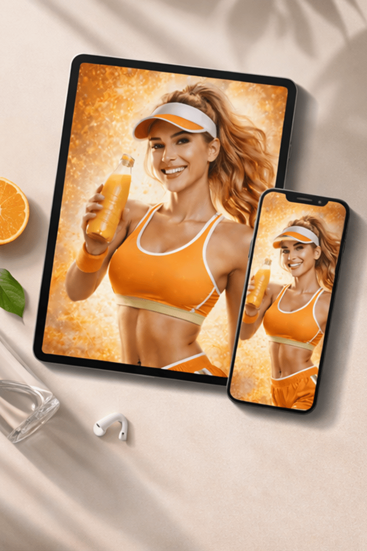 fitness image, wellness branding, lifestyle photography, sports drink image, juice branding, athletic woman, orange aesthetic, healthy lifestyle, fitness marketing, summer branding, digital product image, Pinterest visuals, stock lifestyle photo