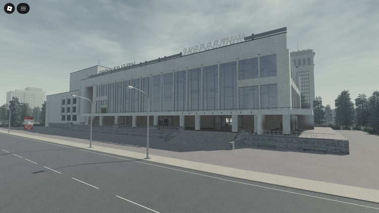 Street-level view of Soviet-style buildings in Roblox